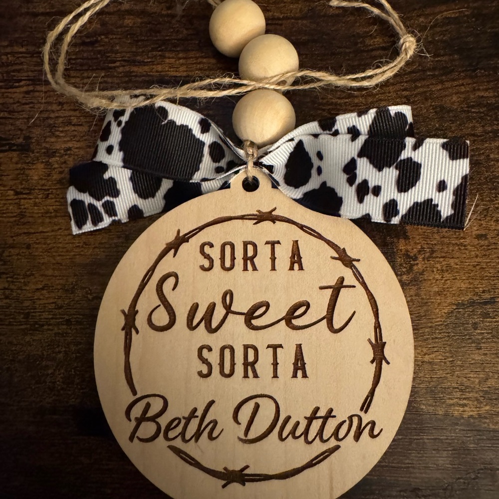 Wooden Car Charm for rear view mirror with Cow Print Bow and beads.